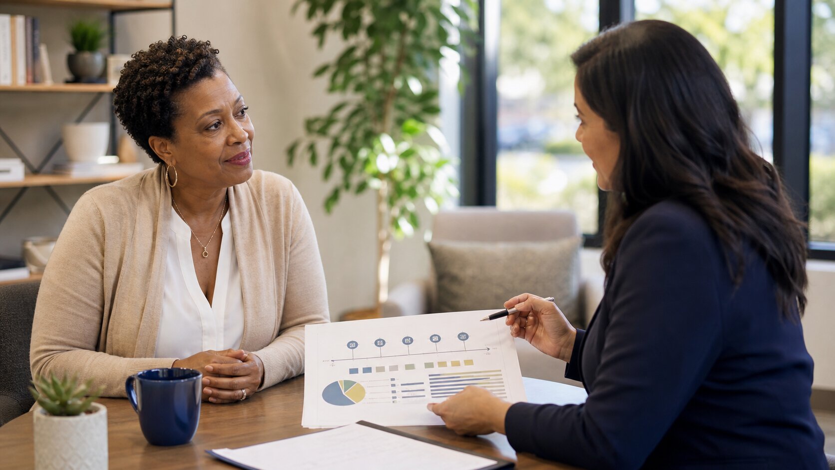 A woman meeting with a female financial advisor to review a financial planning timeline.