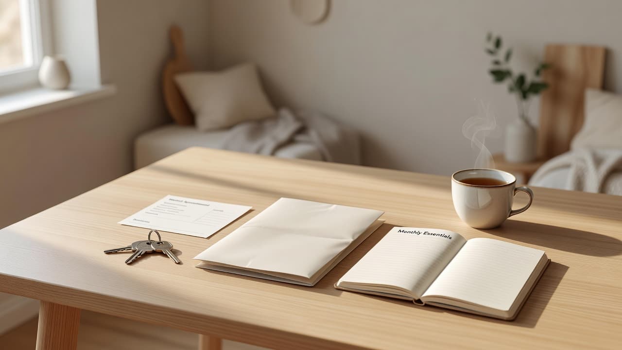House keys, document envelope, monthly essentials notebook, and tea on a sunlit kitchen table.