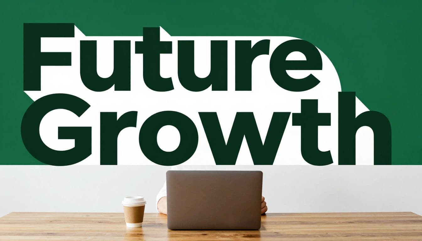 Future Growth graphic above a laptop and coffee cup on a wooden desk.