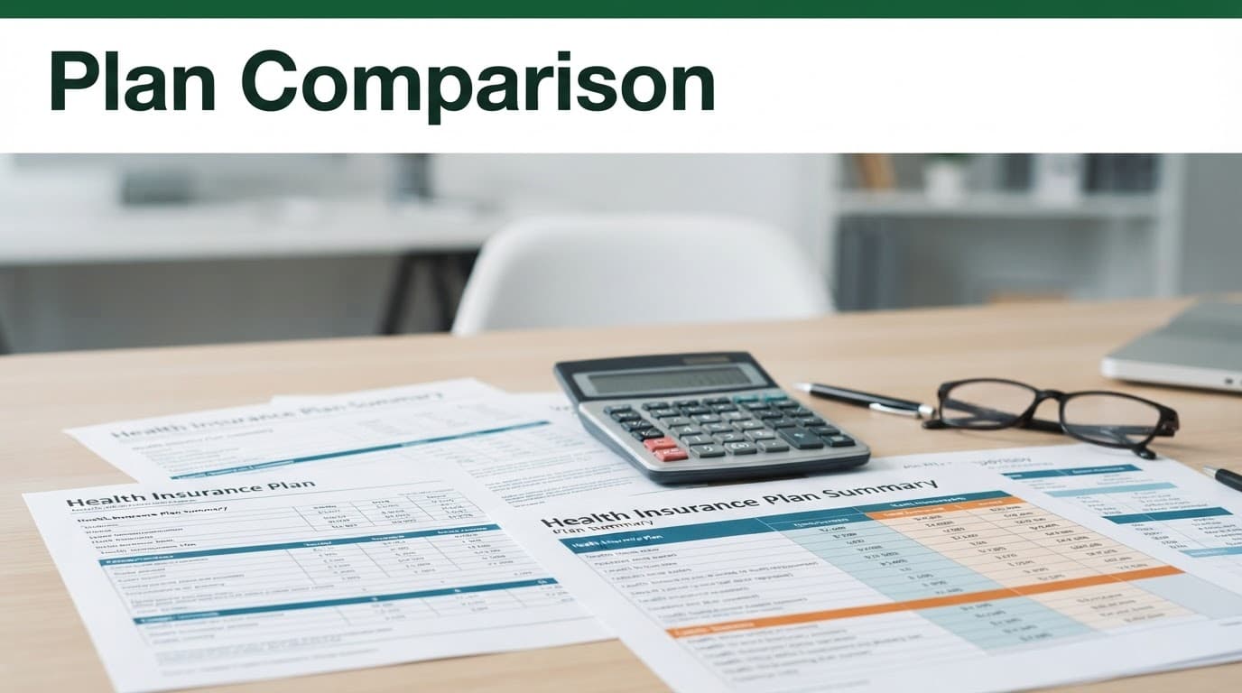Health insurance papers and a calculator sit on a modern desk beneath a green headline band.