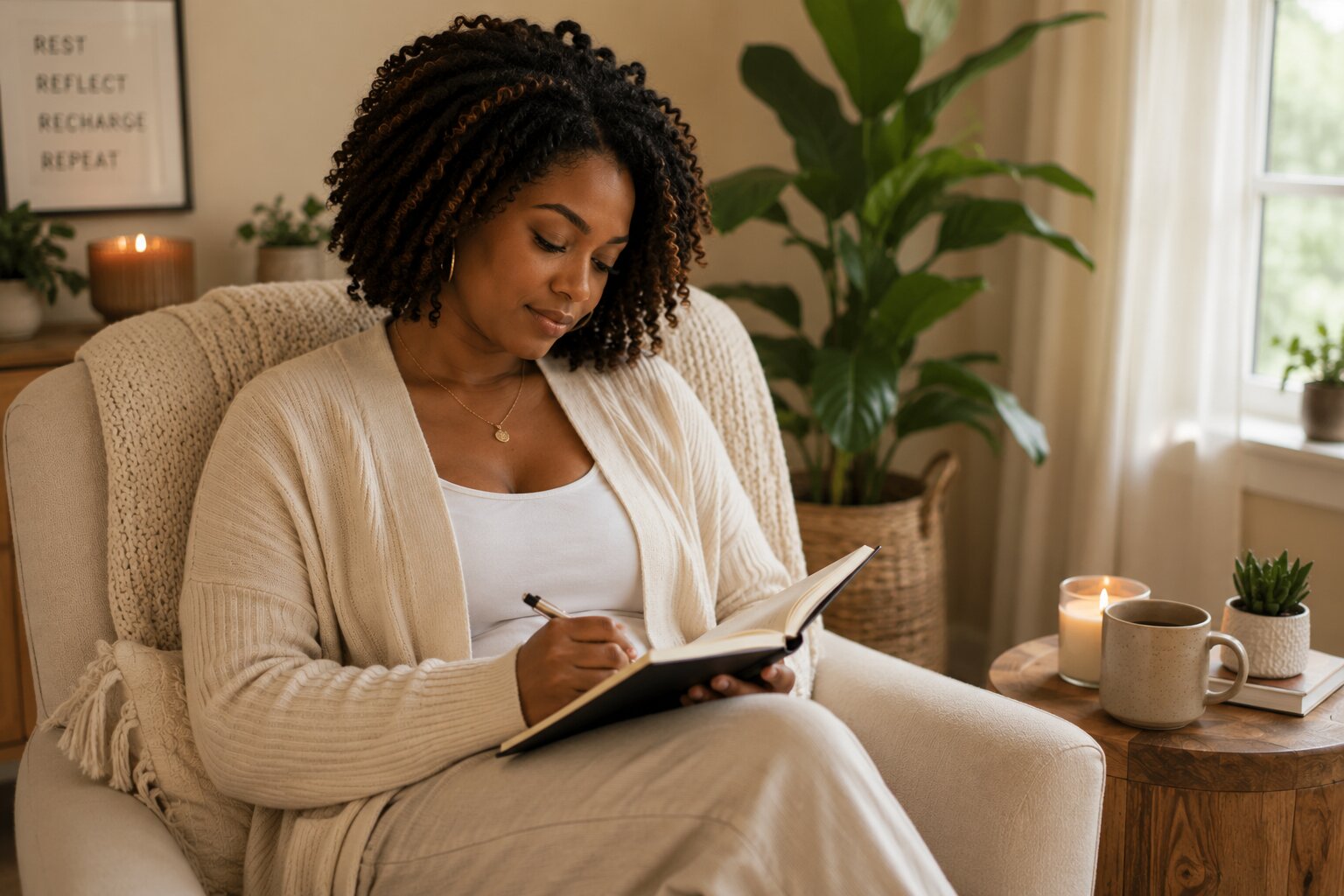 Woman journaling at home as part of a holistic self-care routine
