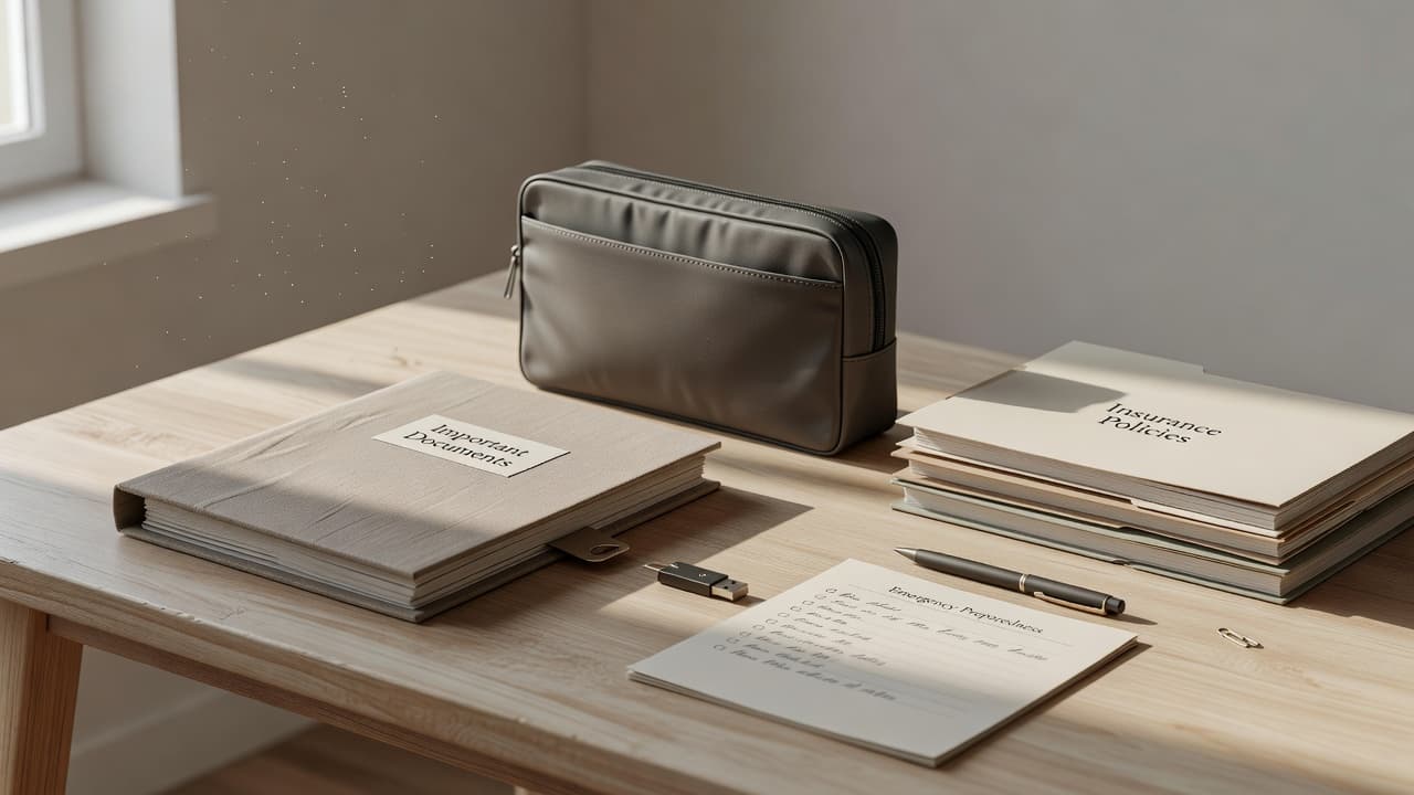 Important documents binder, insurance-policy folders, checklist, USB drive, and document pouch on a desk.