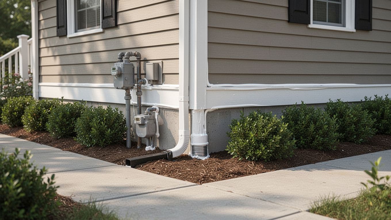 Home exterior with sealed gaps around utility lines, foundation, siding, and downspout