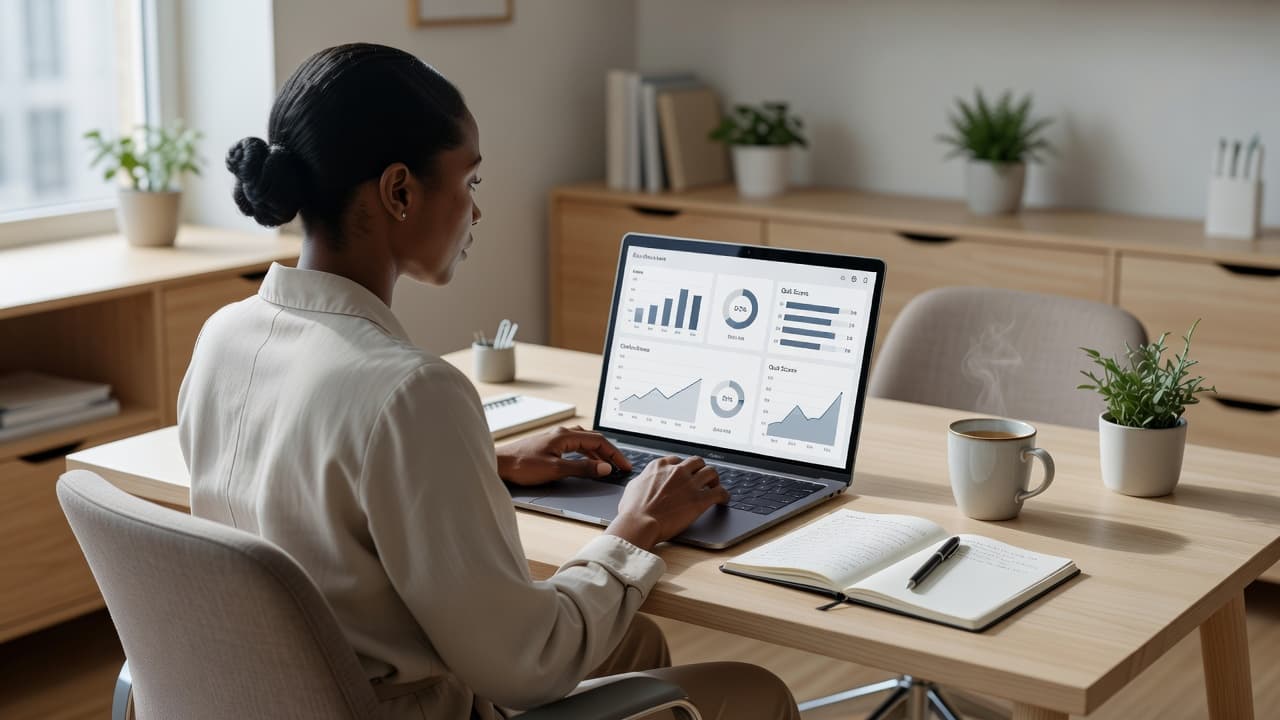 Black woman reviewing online quiz results and assessment data on a laptop