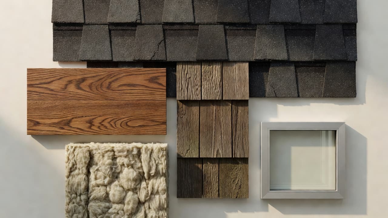 Roofing, flooring, insulation, siding and window samples for home renovations