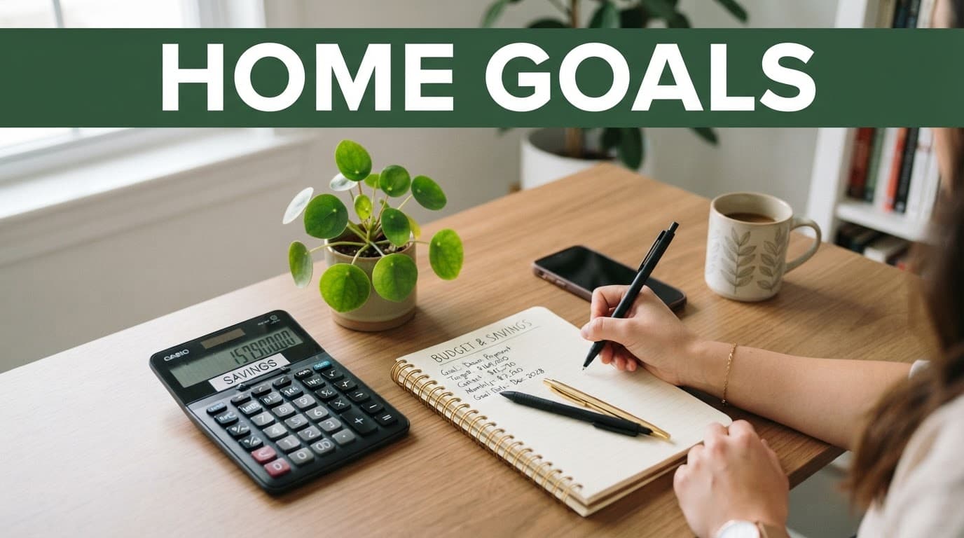 A calculator, notebook, and small plant sit beneath a HOME GOALS banner.