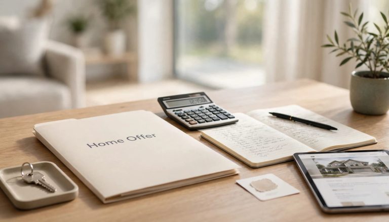 Home offer folder, house keys, calculator, budget notebook, and tablet displaying a home listing on a wooden table.