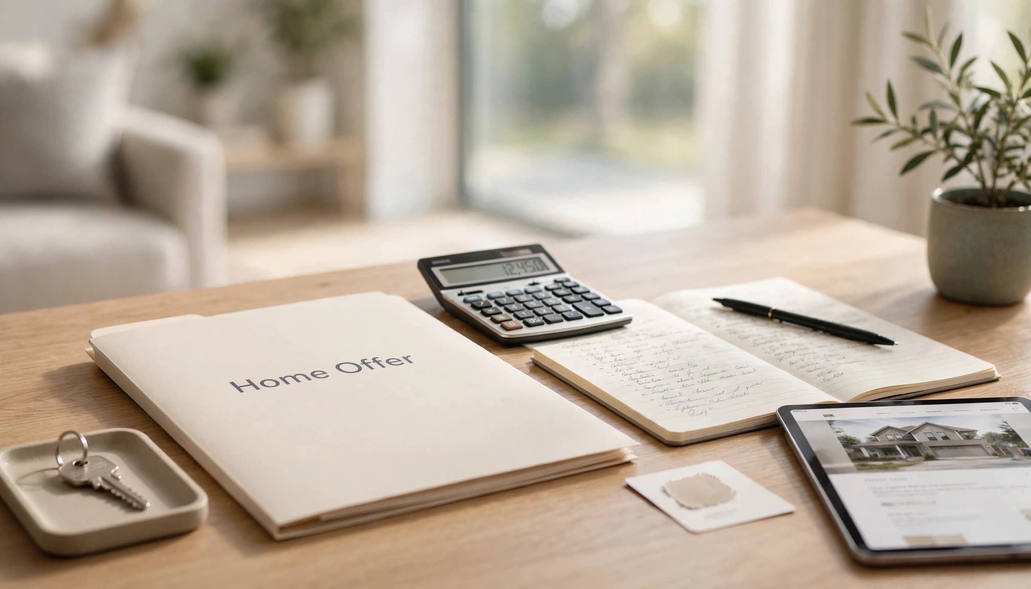 Home offer folder, house keys, calculator, budget notebook, and tablet displaying a home listing on a wooden table.