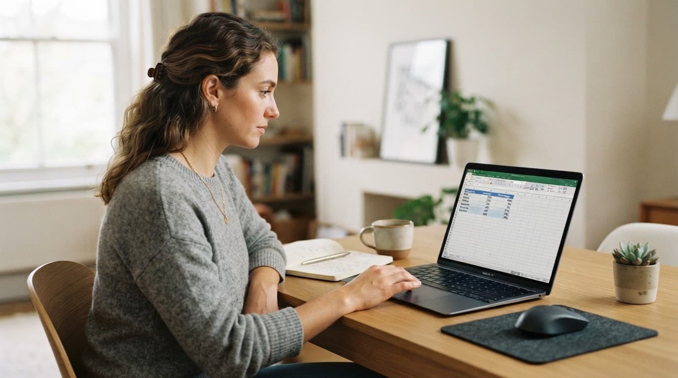Person reviewing a household budget spreadsheet on a laptop at a minimalist desk.