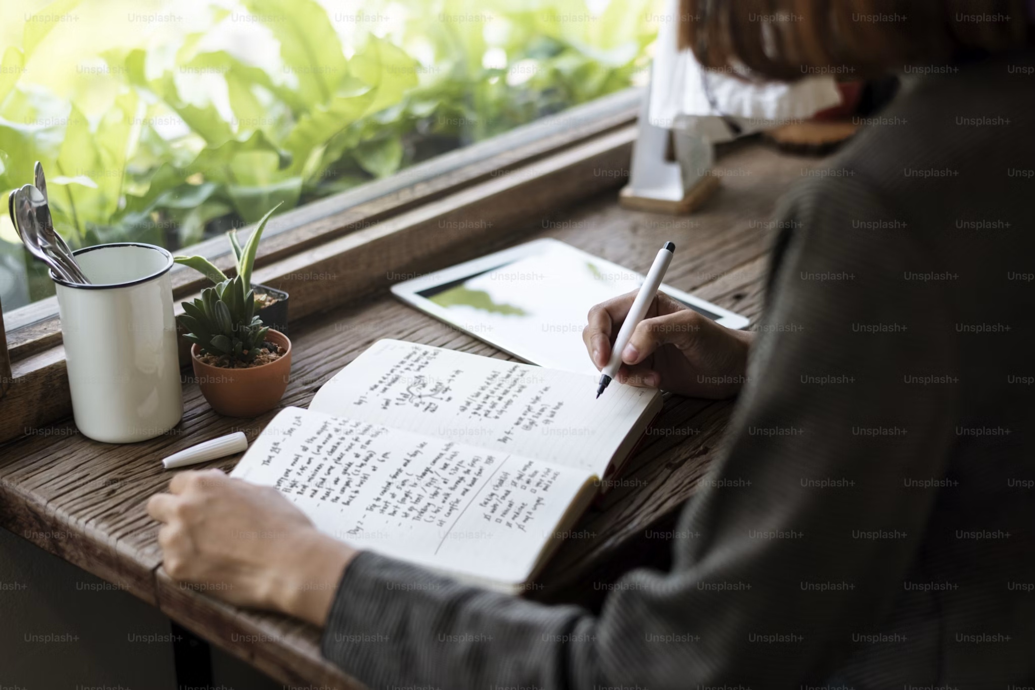 Woman writing in a journal by a sunny window while planning personal health and wellness goals