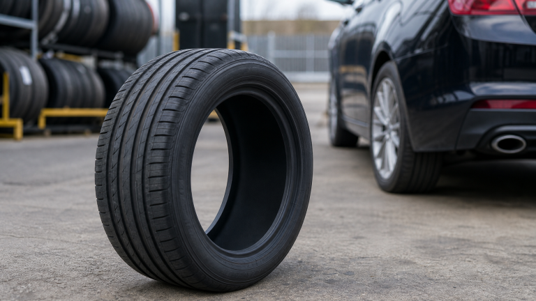 New car tyre outside a tyre fitting centre with a vehicle in the background