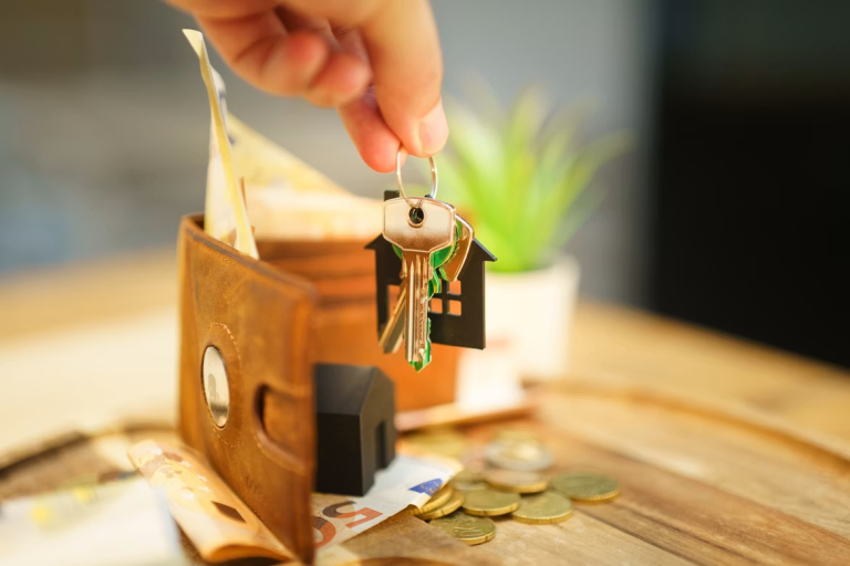 House keys, wallet, cash and coins representing alternative investments in real estate