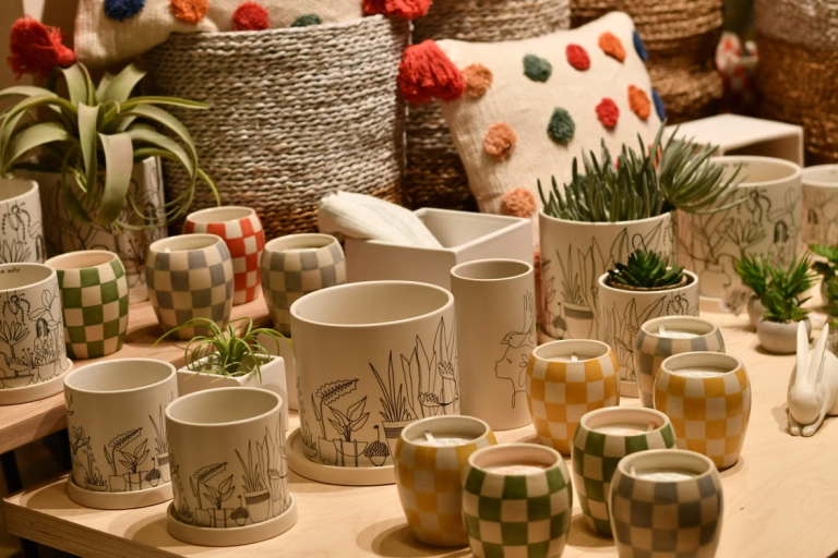 Assorted ceramic planters, small potted plants, and patterned candle holders arranged on a wooden display table.
