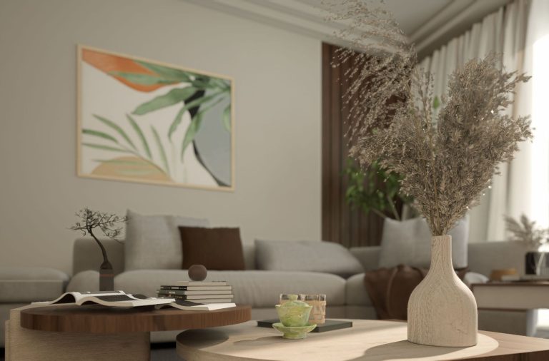 A bright living room featuring natural wood furniture, dried botanical arrangements, soft neutral colors, and abundant natural light.