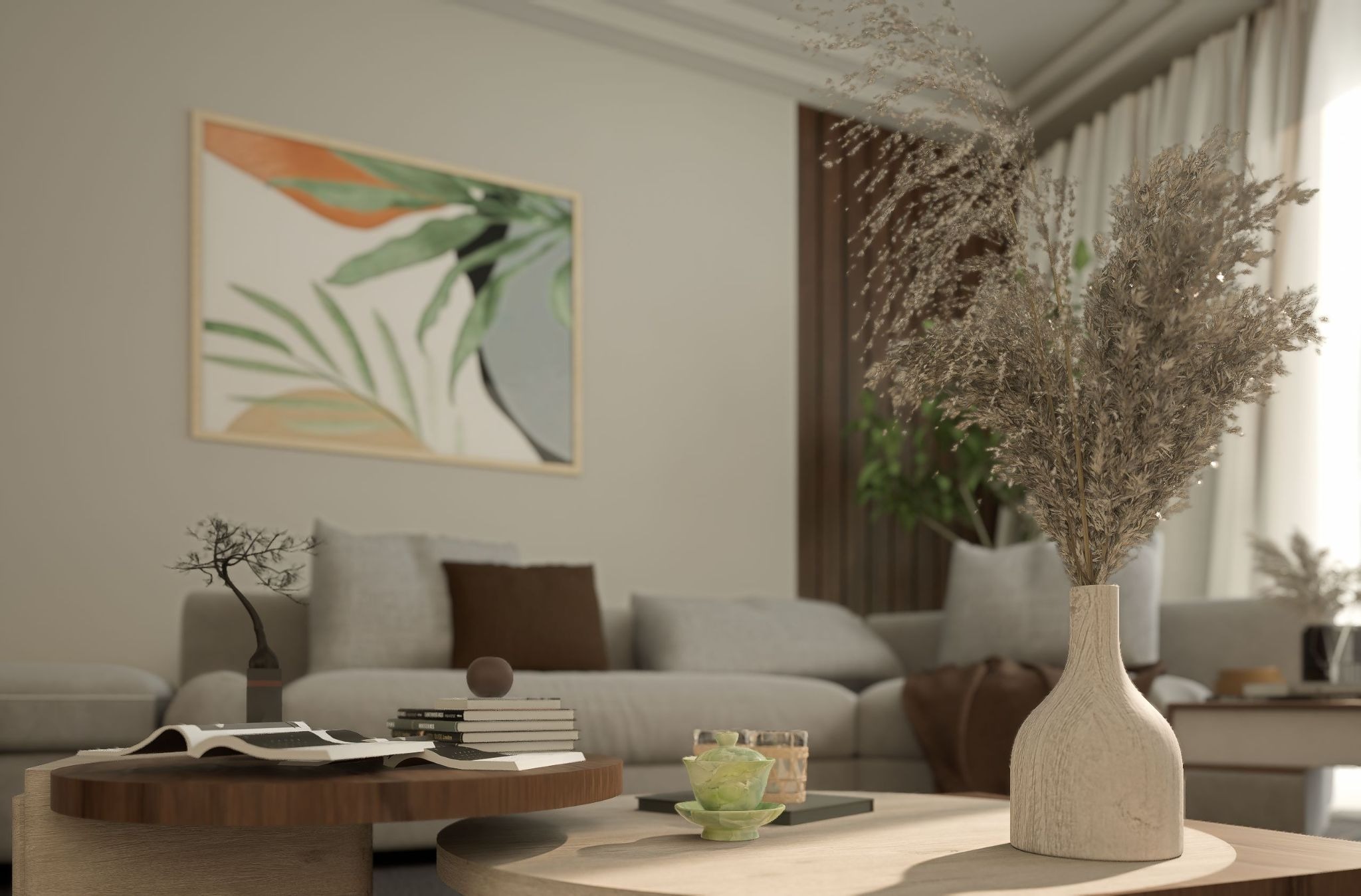 A bright living room featuring natural wood furniture, dried botanical arrangements, soft neutral colors, and abundant natural light.