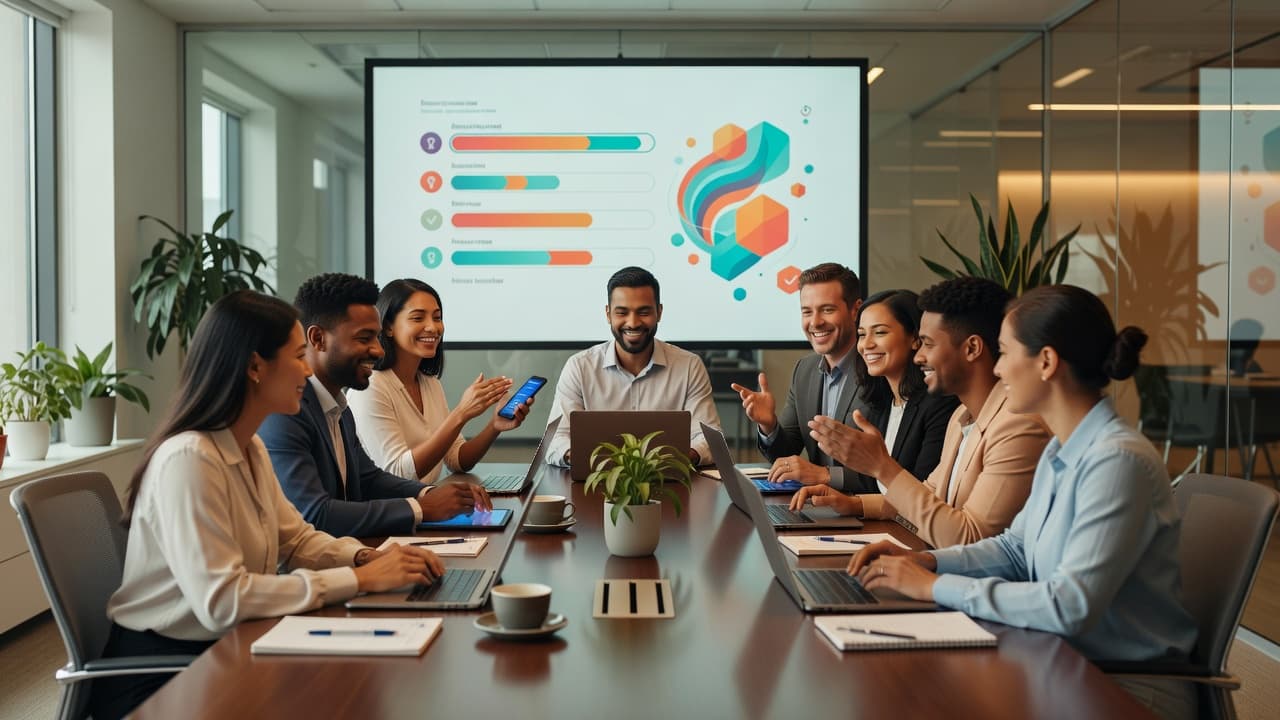 Diverse group of professionals participating in an interactive digital quiz during workplace training