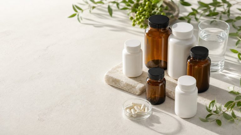 Unbranded supplement bottles, capsules, water, and green leaves arranged on a light surface.