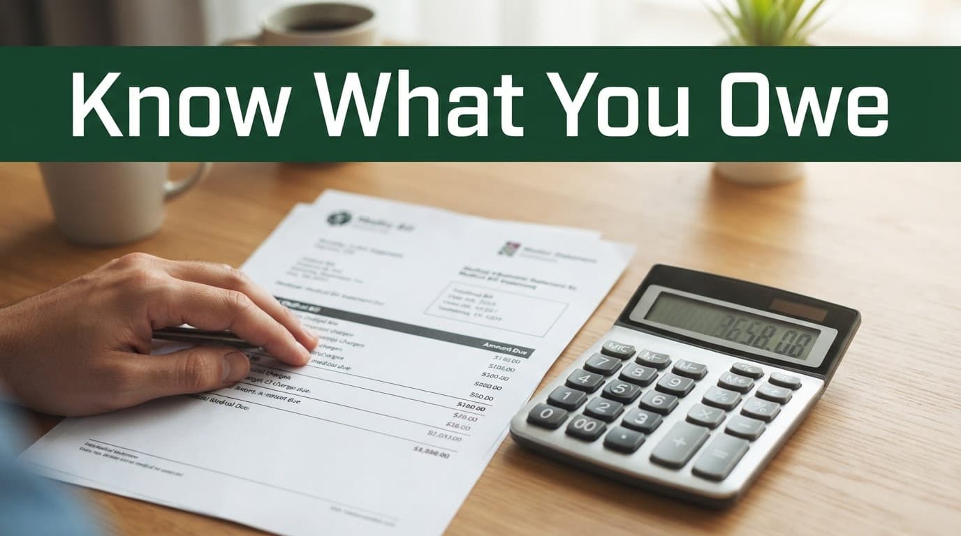 A medical bill and calculator sit on a wooden desk beneath a green headline band.