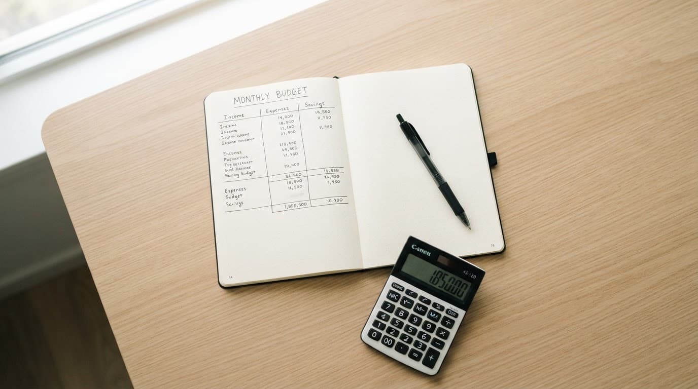 A notebook, pen, and calculator arranged on a bright minimalist desk.