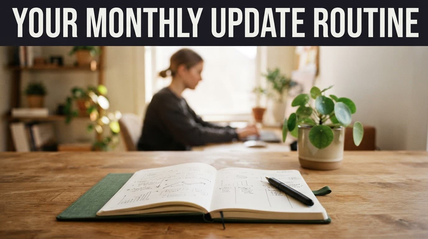 A wooden desk with a planner, pen, plant, and one blurred person in the background.