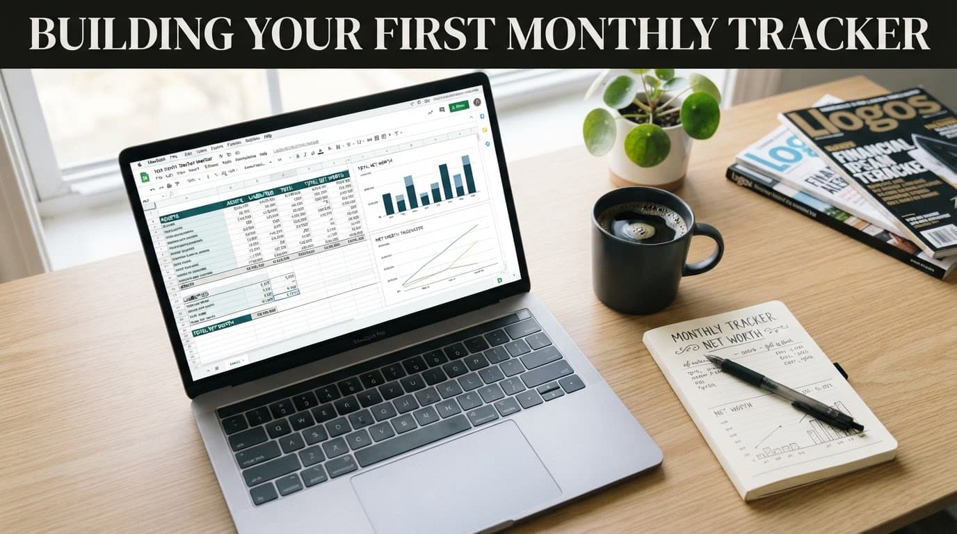 Laptop with a spreadsheet, notepad, pen, and coffee on a bright desk.