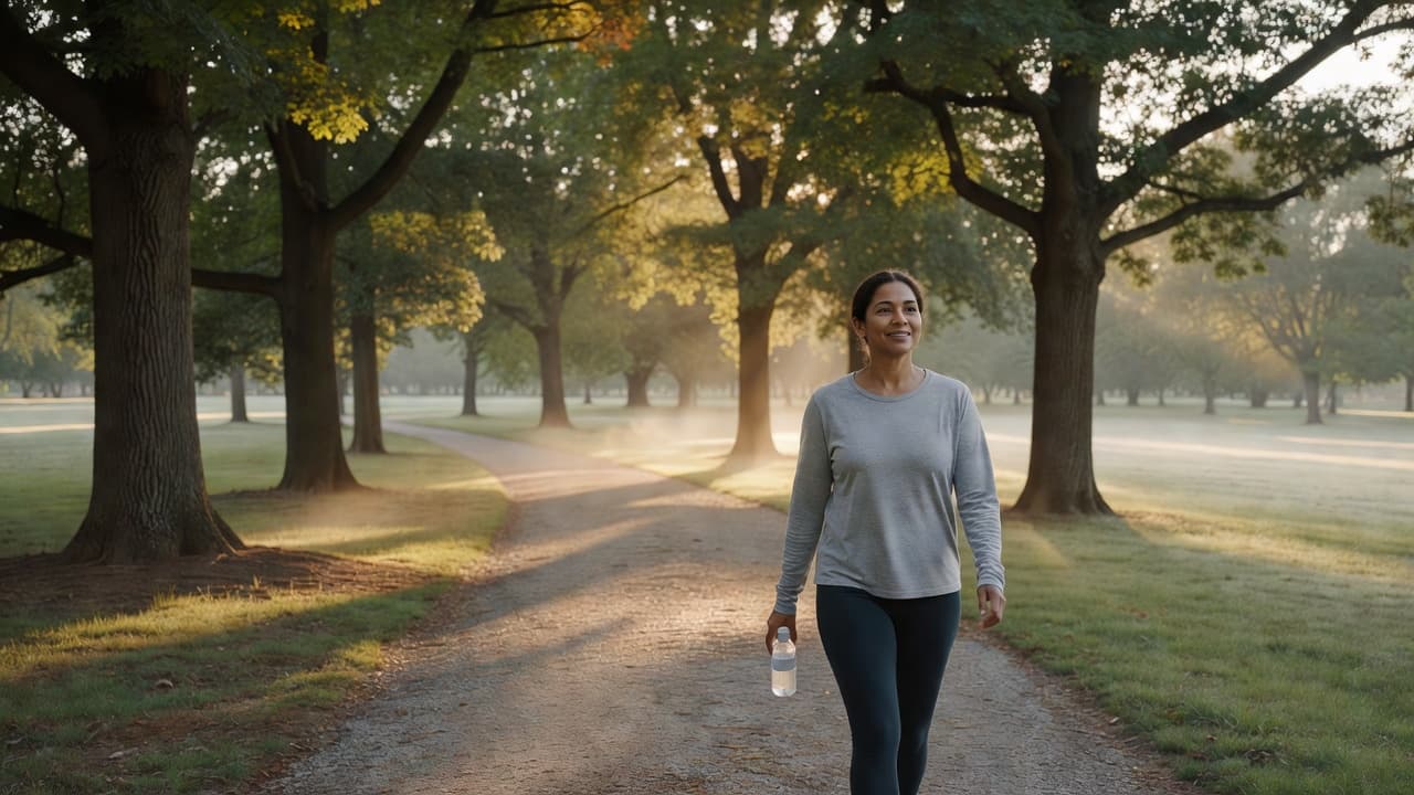 Parent enjoying a peaceful morning walk outdoors to support personal well-being.