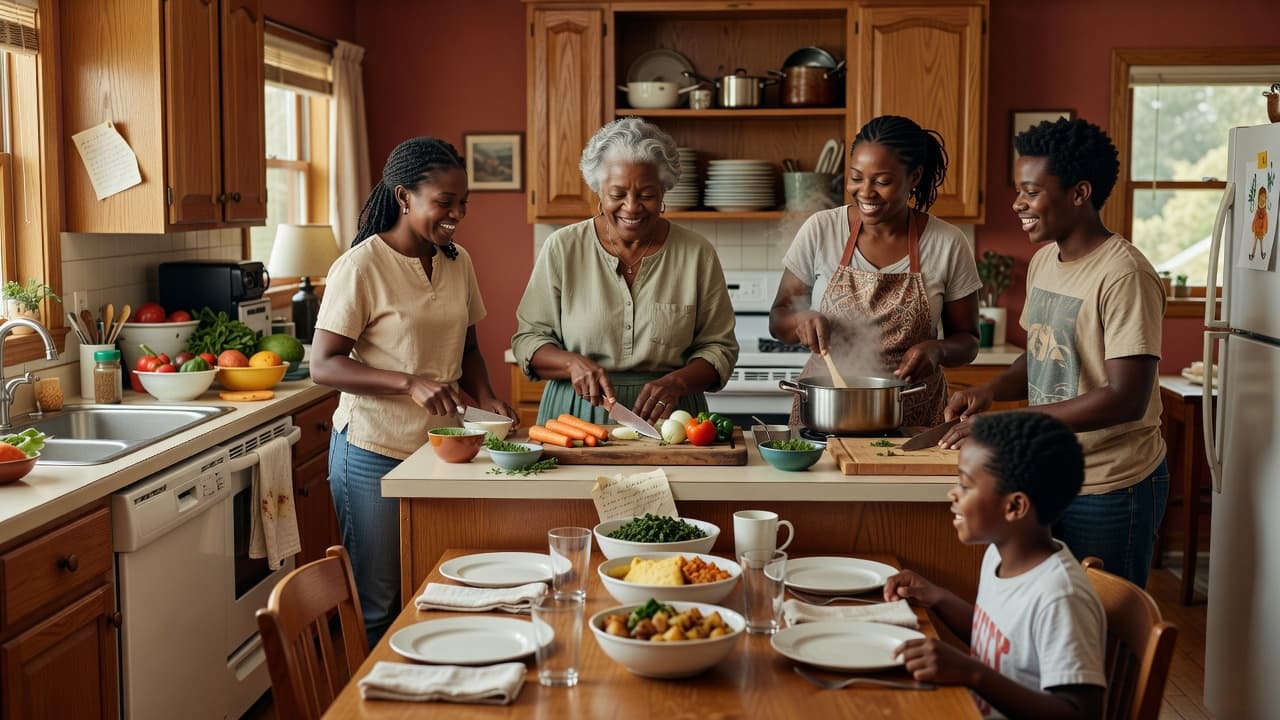 Multigenerational Black family preparing a meal together in the kitchen
