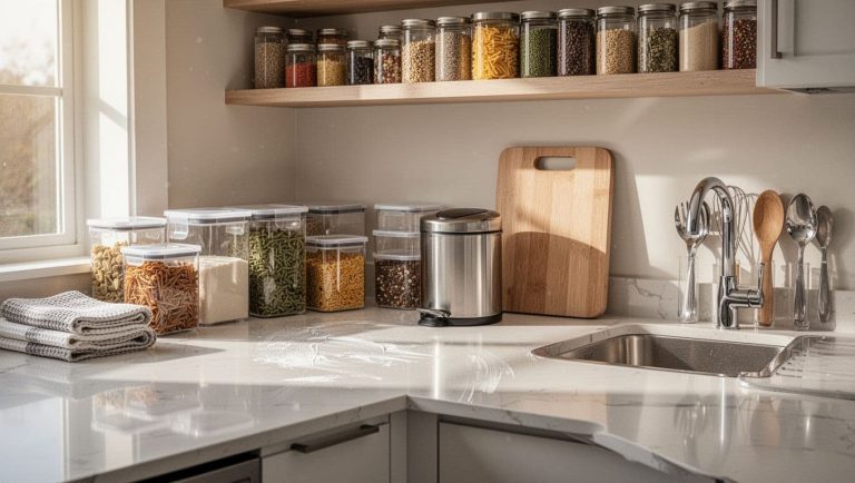 Clean kitchen with airtight food containers, sealed trash bin, and organized countertops