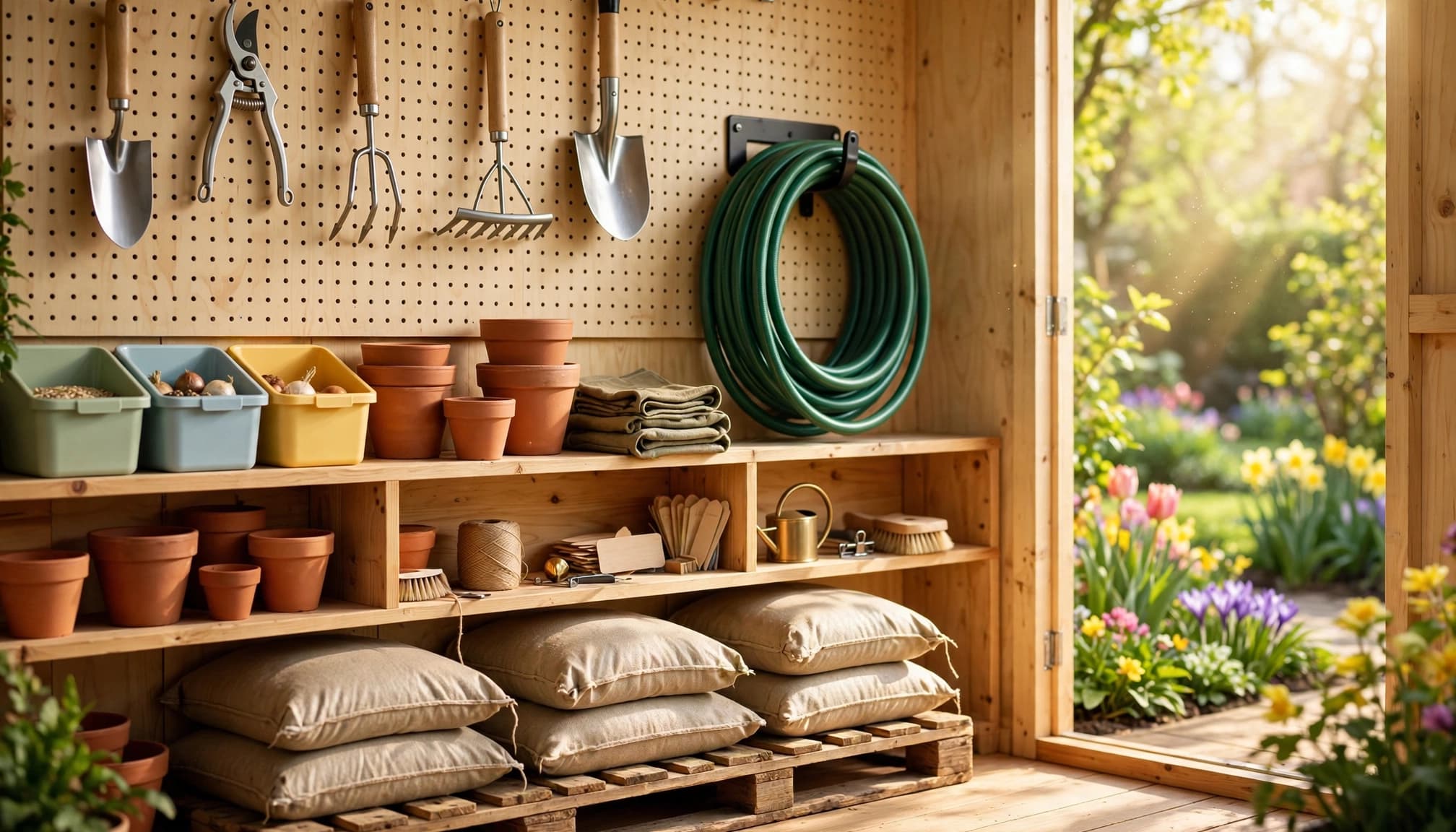 Clean garden tools hanging on a pegboard beside a coiled hose, seed and bulb bins, terracotta pots, and bagged soil in a bright shed.