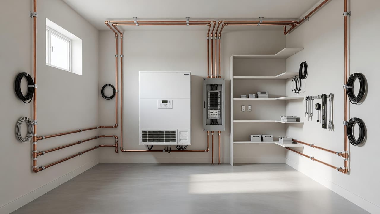 Organized utility room with plumbing, electrical panel and home heating system