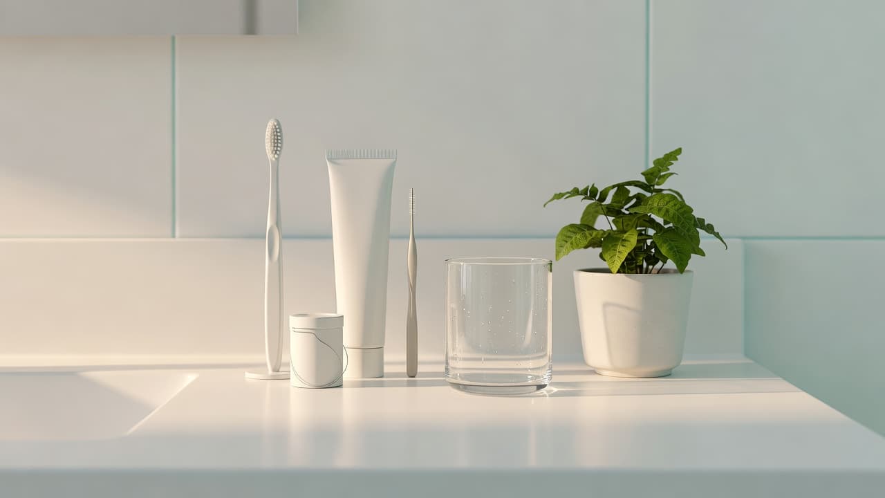 Toothbrush, toothpaste, dental floss, interdental brush, glass, and plant on a bathroom counter.