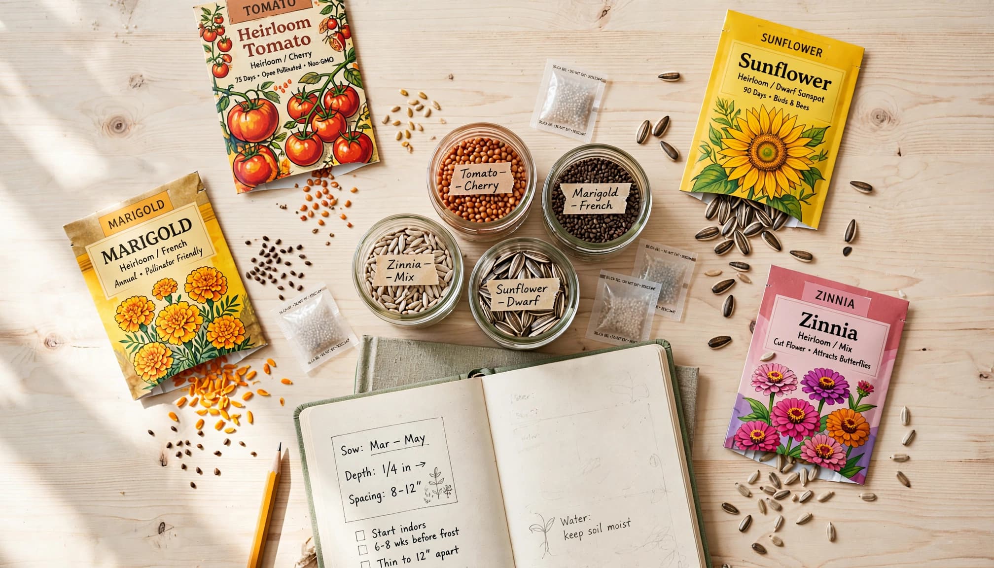 Colorful flower and vegetable seed packets, labeled glass jars, loose seeds, and a gardening notebook arranged on a wooden table.