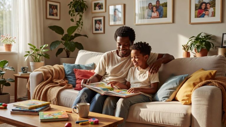 Parent and child enjoying quality time together while reading and talking at home.