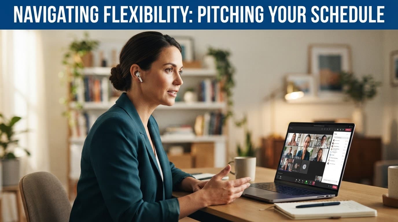 A confident parent speaks during a video meeting in a bright home office.