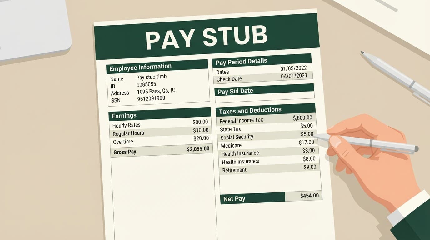 A payroll statement document on a beige desk with one person nearby.