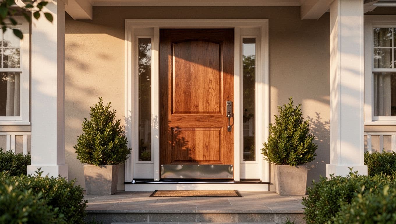 Clean home entryway with a sealed front door, trimmed plants, and tidy porch