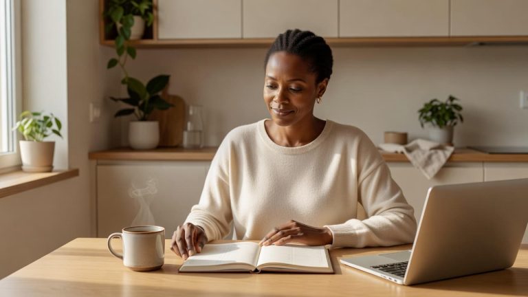 A woman reviewing her planner at home while creating a more intentional schedule
