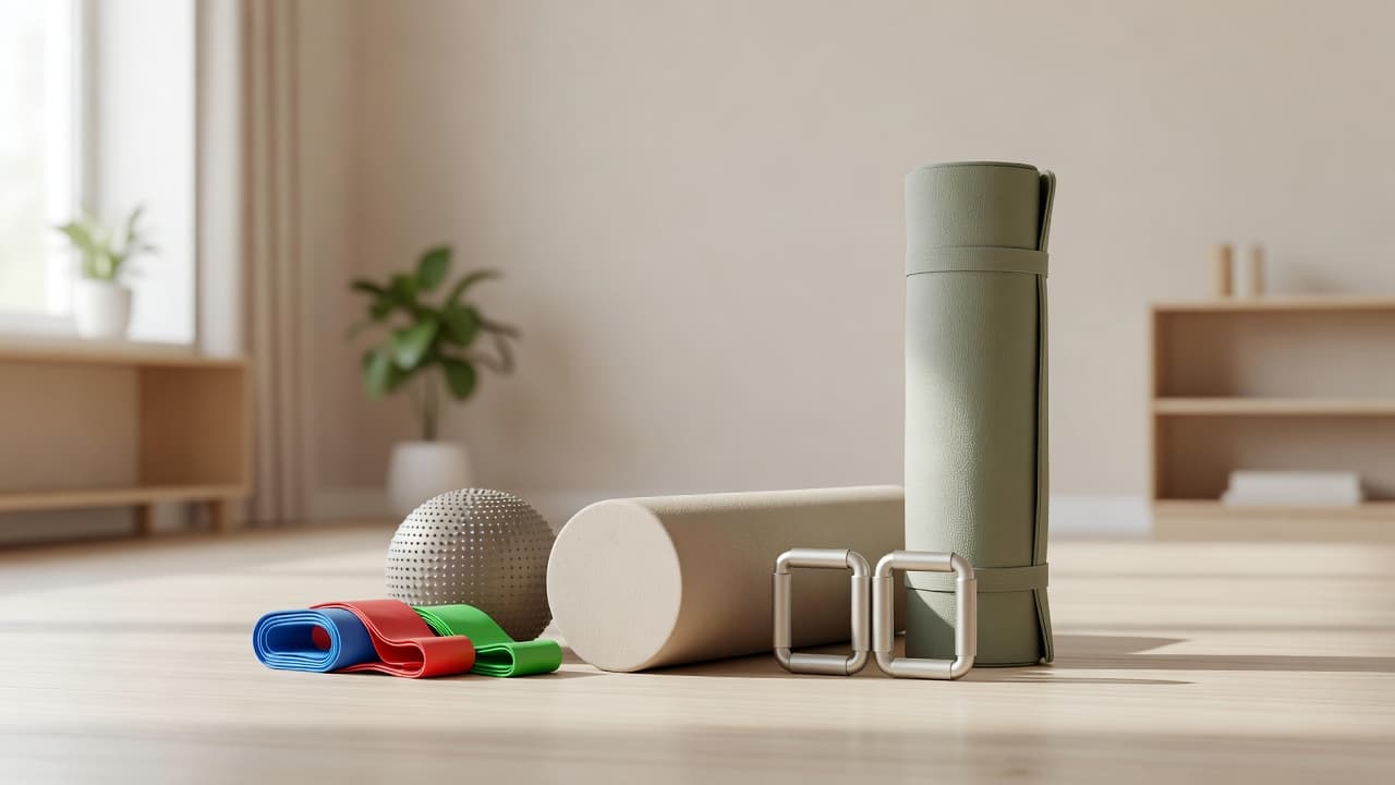 Physical therapy equipment including resistance bands, foam roller and exercise mat