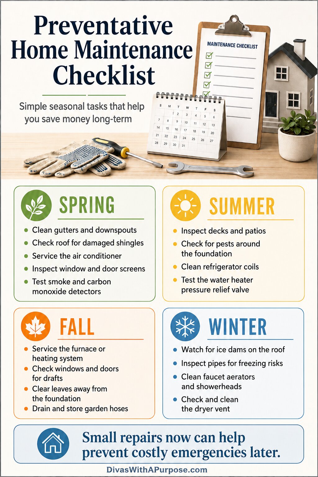 Seasonal home maintenance checklist with spring, summer, fall, and winter tasks to help prevent costly repairs