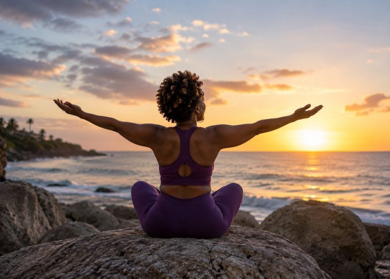 Black woman practicing mindfulness by the ocean while prioritizing her health and well-being