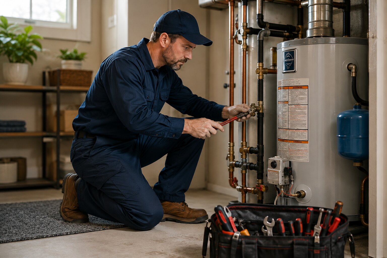 Experienced plumber performing maintenance on a residential water heater and pipes