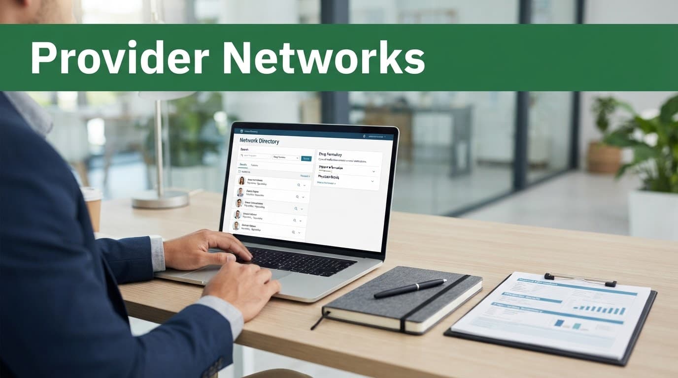 Laptop and notepad with a medical chart below a green Provider Networks banner.