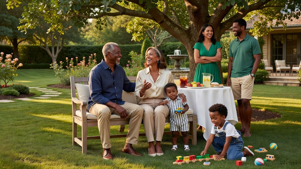Retired couple spending time outdoors with their adult children and grandchildren
