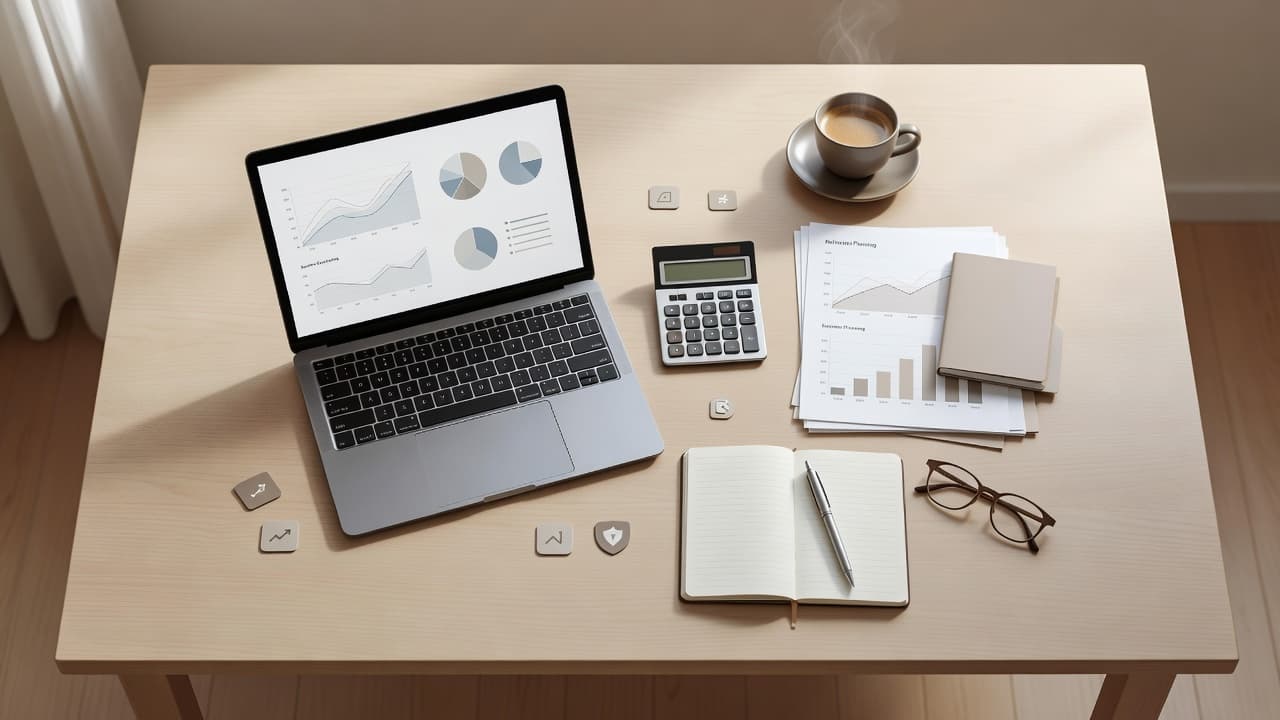 Laptop, calculator and financial documents arranged for retirement income planning