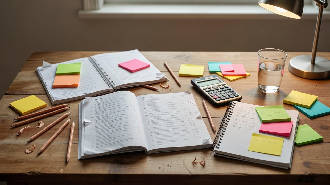 SAT and ACT study materials, calculator, pencils, notes, and water arranged on a study table