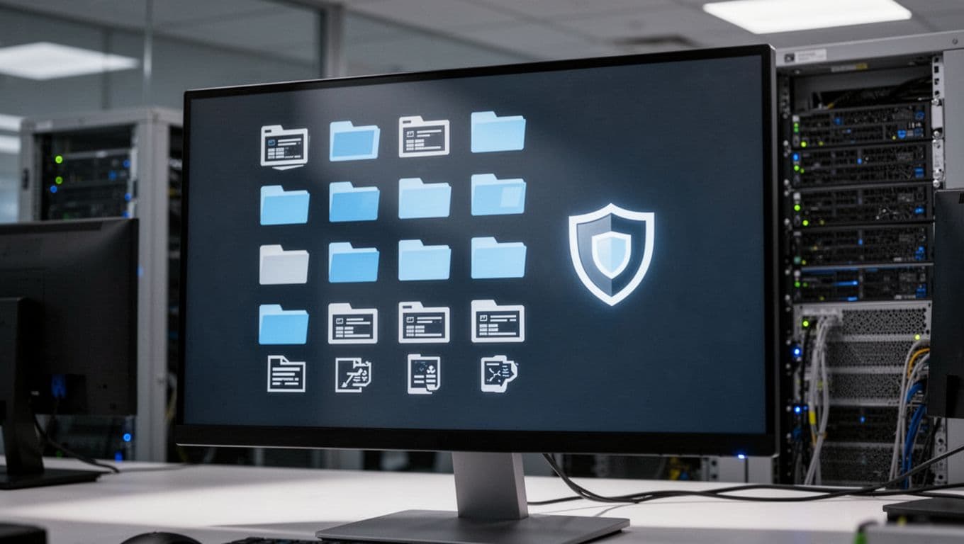 Secure digital database with protected folders displayed on a computer beside server equipment