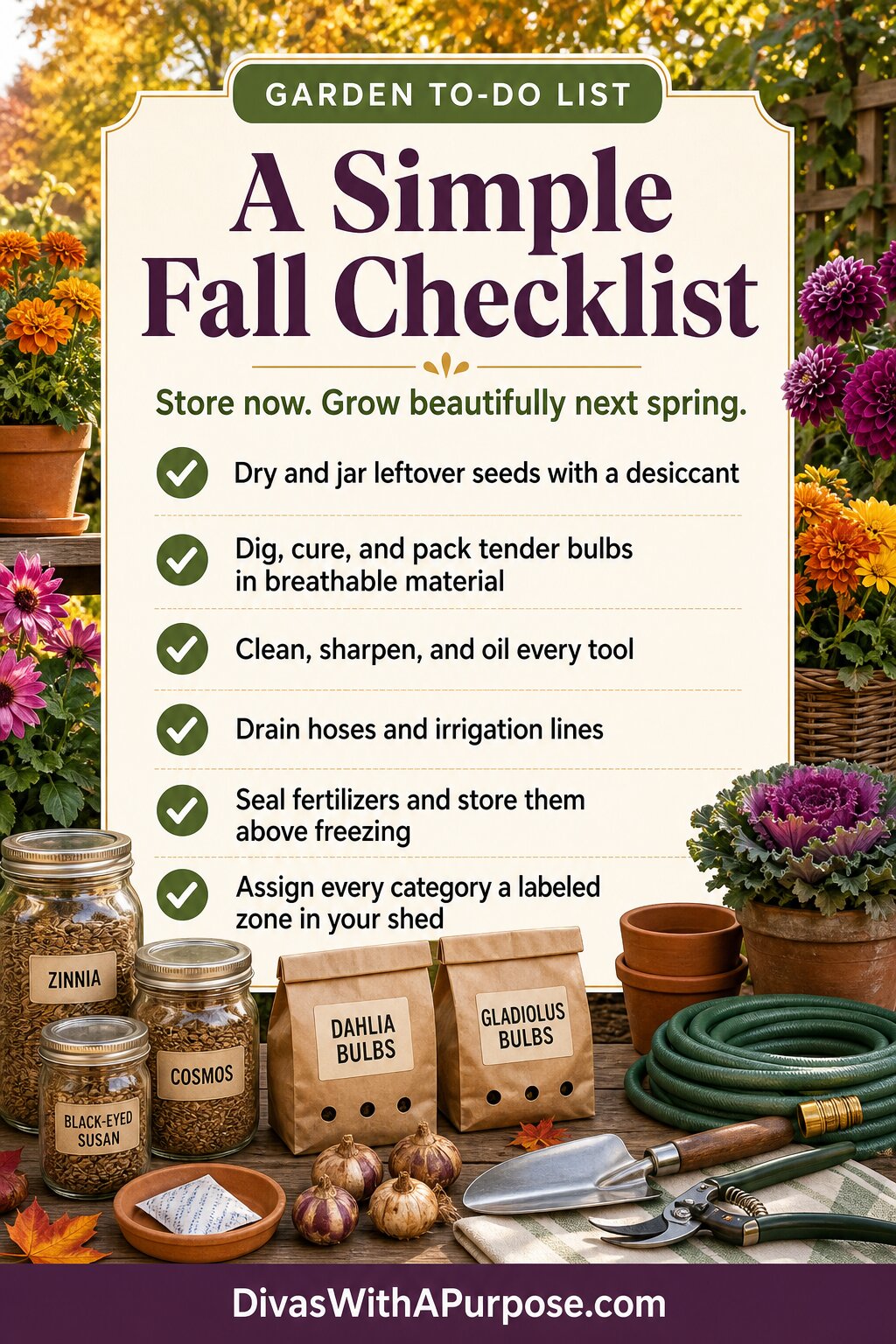 Pinterest graphic with a fall garden checklist for storing seeds, bulbs, tools, hoses, fertilizers, and supplies before spring.