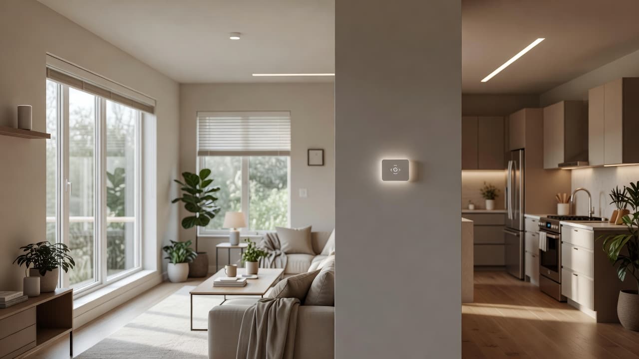 Modern home interior with energy-efficient windows, appliances and a smart thermostat