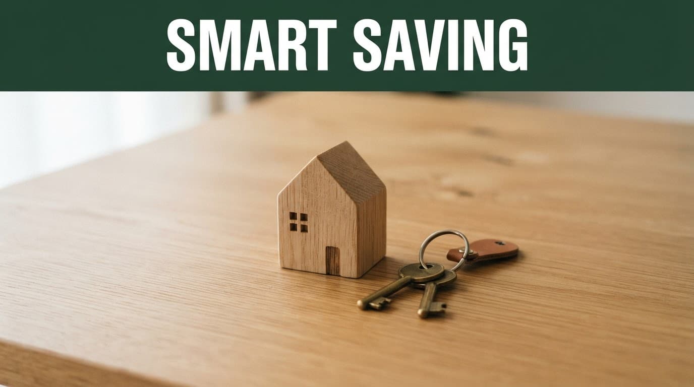 A small wooden house and keys sit on a table under a green SMART SAVING banner.