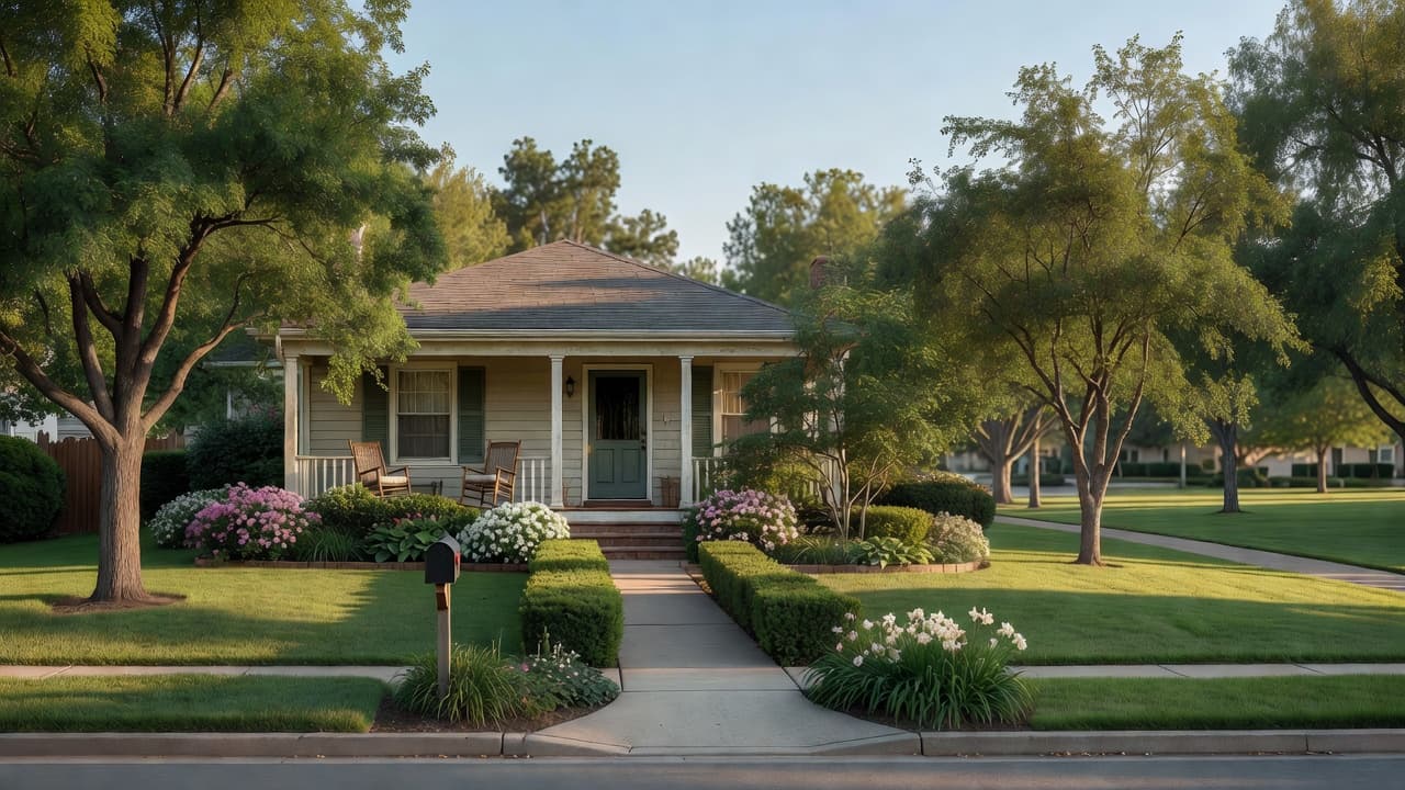 Well-maintained single-story home with a front porch, landscaped yard, and mature trees.
